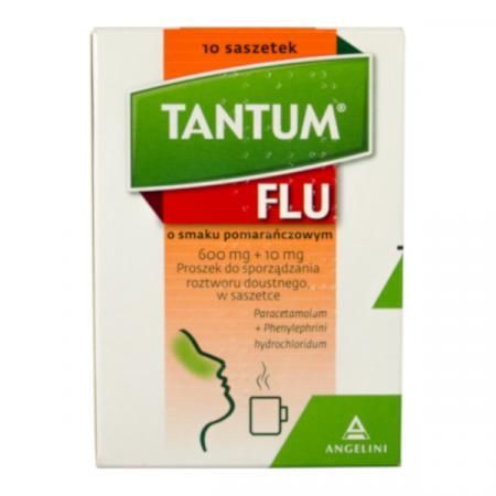 Tantum Flu, 600 mg + 10 mg, smak pomarańczowy, 10 saszetek